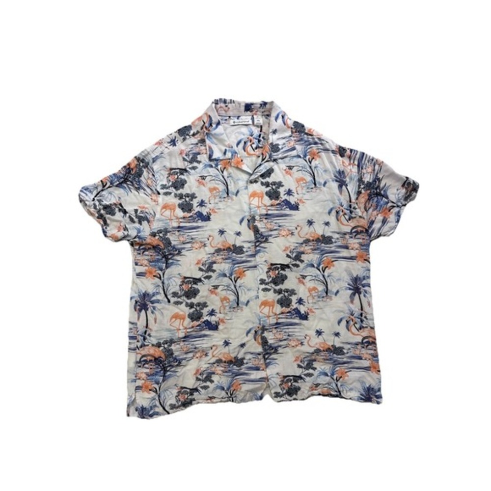 Cubavera Men's Size XL Flamingo Tropical Hawaiian Button Up Shirt Blue‎ White